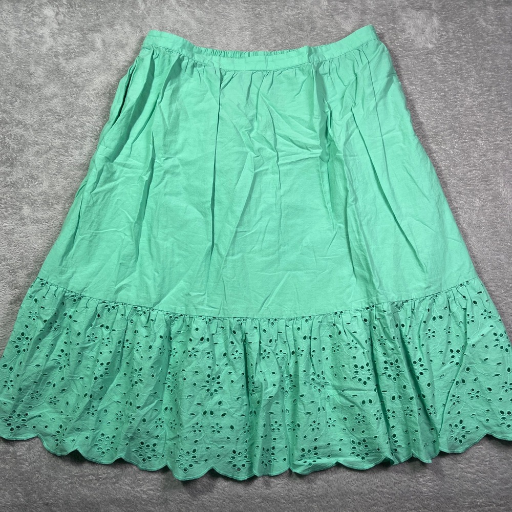 J.Crew Women's Eyelet Ruffle Hem Skirt Large Green‎ Cotton Blend Lined Coquette